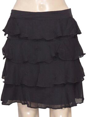 Nikkie Tiered Ruffle Banded Waist Text Embroidered Black Mini Skirt M 40
